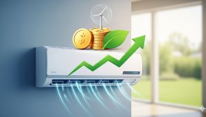 Air conditioner unit blowing cool air with icons of coins, a green leaf, and an upward arrow symbolizing energy savings and lower bills.