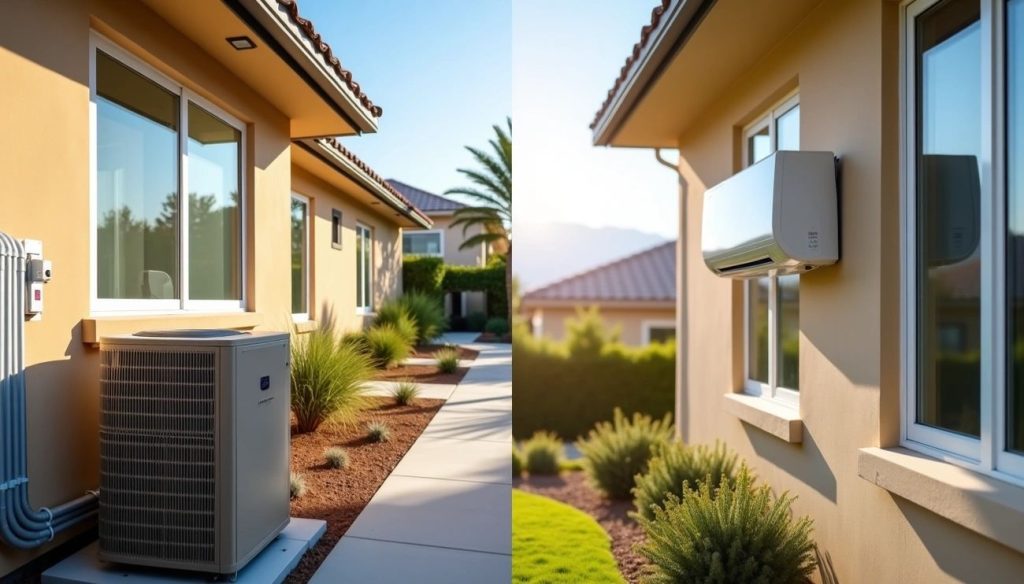 Central air conditioning unit installed outside a home on the left, and a wall-mounted ductless mini-split system on the right.