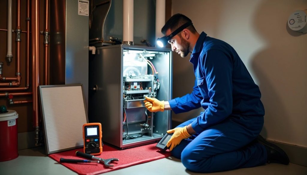Technician in blue uniform and gloves inspecting a furnace unit with tools and a filter placed nearby.