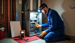 Technician in blue uniform and gloves inspecting a furnace unit with tools and a filter placed nearby.
