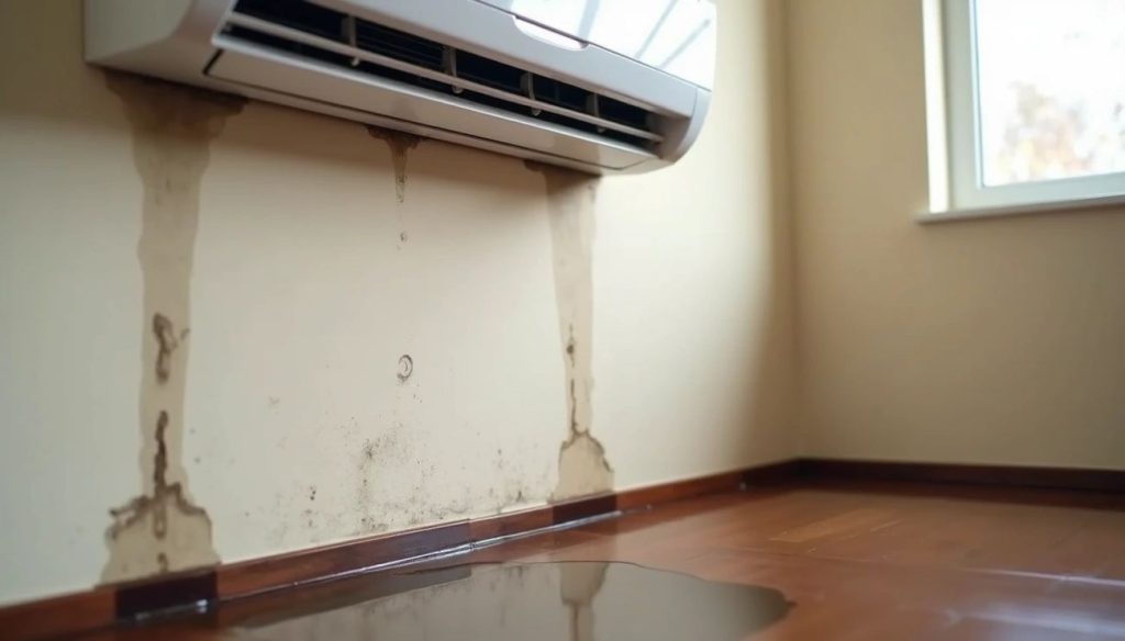 Wall-mounted air conditioner leaking water inside, with stains on the wall and a puddle forming on the floor.
