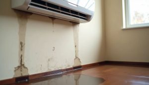 Wall-mounted air conditioner leaking water inside, with stains on the wall and a puddle forming on the floor.