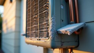 Outdoor AC unit with heavy frost buildup on the coils and pipes, showing signs of malfunction and need for repair.
