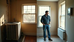 Split image showing an old indoor AC unit with visible wear on the left, and a man standing near a modern thermostat and radiator on the right, representing repair vs. replacement decisions for HVAC systems.