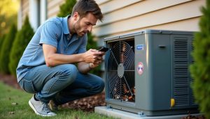 Man inspecting an outdoor air conditioning unit with his smartphone, checking for strange noises or issues.