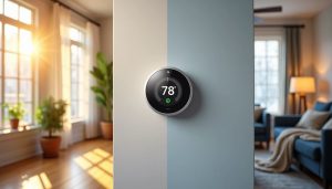 Smart thermostat mounted on a wall displaying 78 degrees, with sunlight and a cozy living room in the background.
