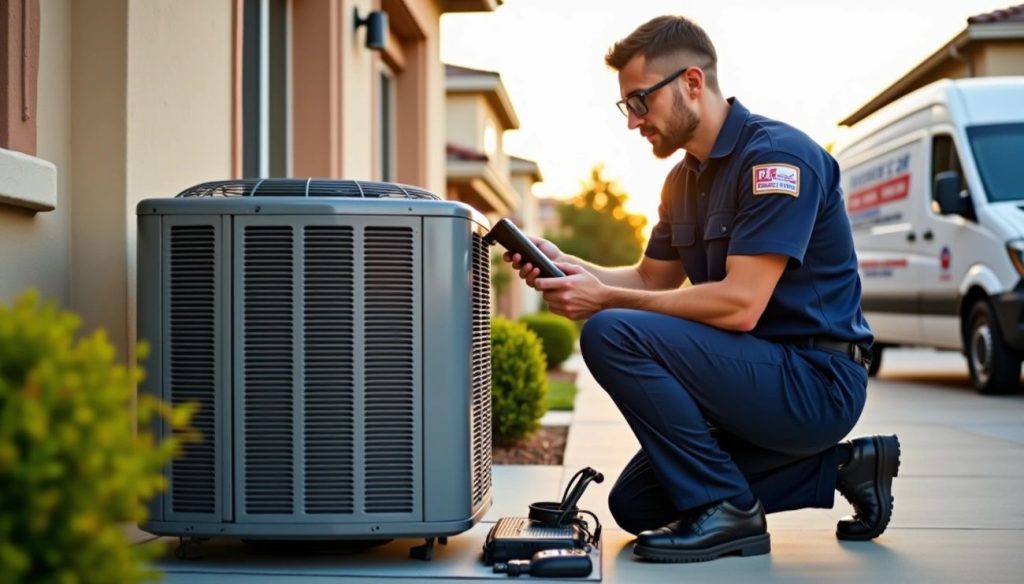 HVAC technician inspecting an outdoor air conditioning unit with diagnostic tools in a residential area.