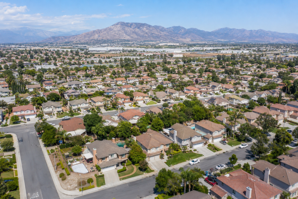 Downward shot of a residential neighborhood in Rancho Cucamonga